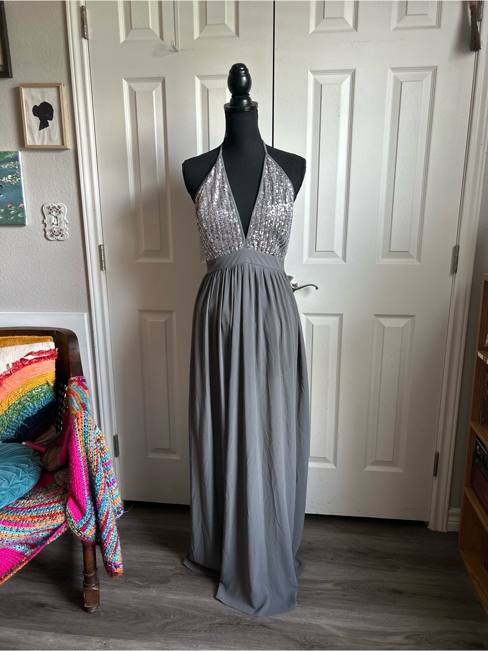 She + Sky Backless Halter Evening Dress with Sequin Bodice - Gray